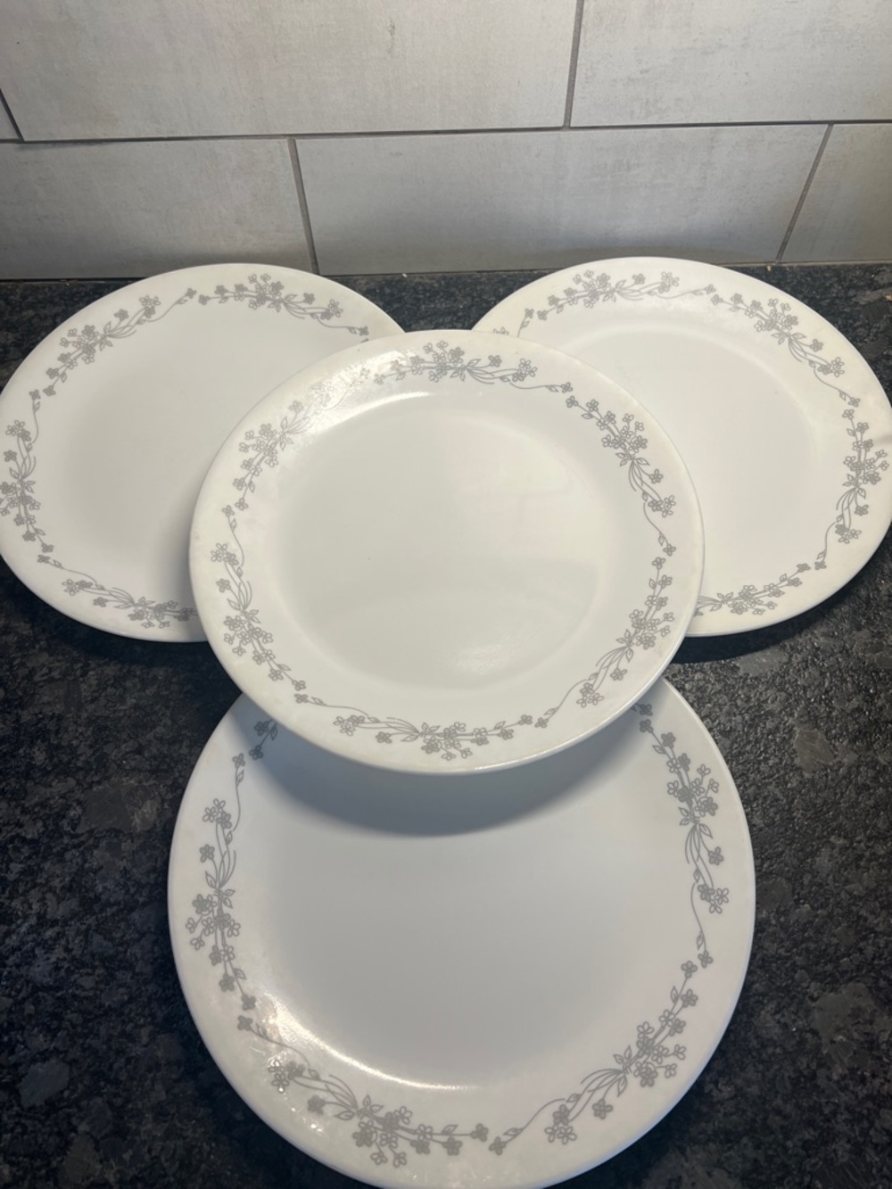 Vintage Corelle Ribbon Boquet Dinner Plates with Grey Floral Border  Set of 5